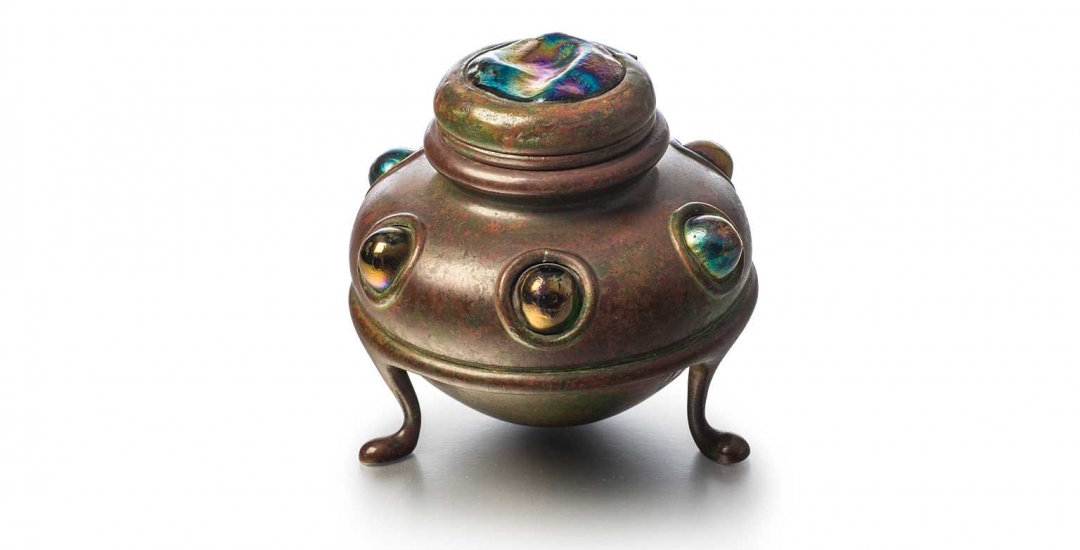 Footed Inkwell with Turtleback Lid and Jewels